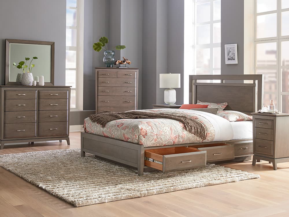 Solid wood bedroom set on the Fox Furniture showroom floor